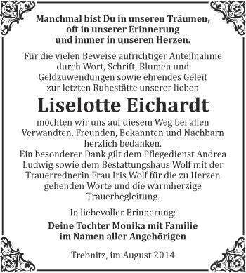 Traueranzeige von Liselotte Eichardt von WVG - Wochenspiegel NMB / WSF / ZTZ