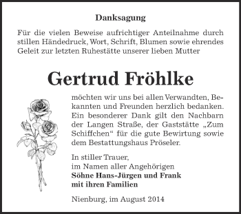 Traueranzeige von Gertrud Fröhlke von Super Sonntag Bernburg