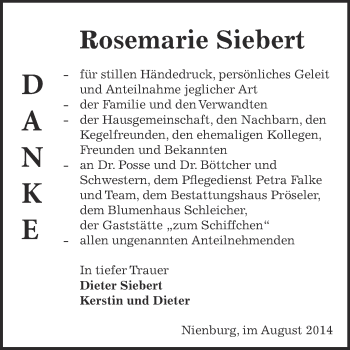 Traueranzeige von Rosemarie Siebert von Super Sonntag Bernburg