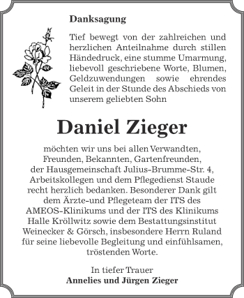 Traueranzeige von Daniel Zieger von Super Sonntag Bernburg