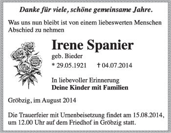 Traueranzeige von Irene Spanier von Super Sonntag Dessau / Köthen