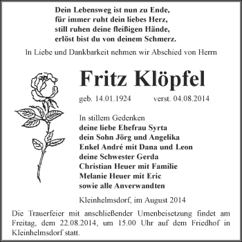 Traueranzeige von Fritz Klöpfel von Super Sonntag Zeitz