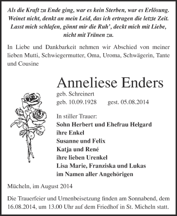 Traueranzeige von Anneliese Enders von WVG - Wochenspiegel Merseburg