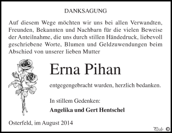 Traueranzeige von Erna Pihan von Super Sonntag Zeitz