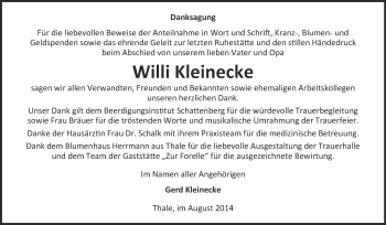 Traueranzeige von Willi Kleinecke von WVG - Wochenspiegel Quedlinburg
