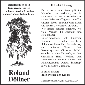 Traueranzeige von Roland Döllner von WVG - Wochenspiegel Quedlinburg