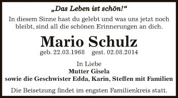 Traueranzeige von Mario Schulz von Super Sonntag Bernburg