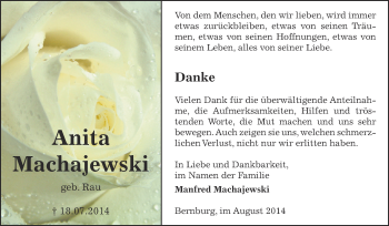 Traueranzeige von Anita Machajewski von Super Sonntag Bernburg
