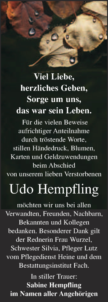 Traueranzeige von Udo Hempfling von WVG - Wochenspiegel Merseburg