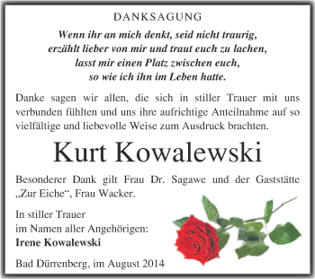 Traueranzeige von Kurt Kowalewski von Super Sonntag Merseburg