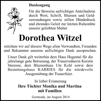 Traueranzeige von Dorothea Witzel von WVG - Wochenspiegel Quedlinburg