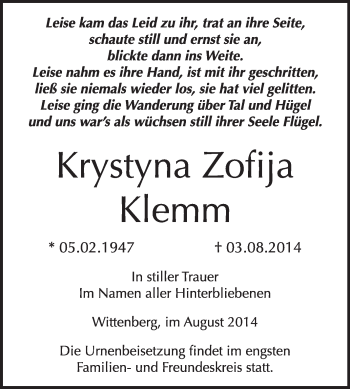 Traueranzeige von Krystyna Zofija Klemm von WVG - Wochenspiegel Wittenberg