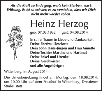 Traueranzeige von Heinz Herzog von WVG - Wochenspiegel Wittenberg