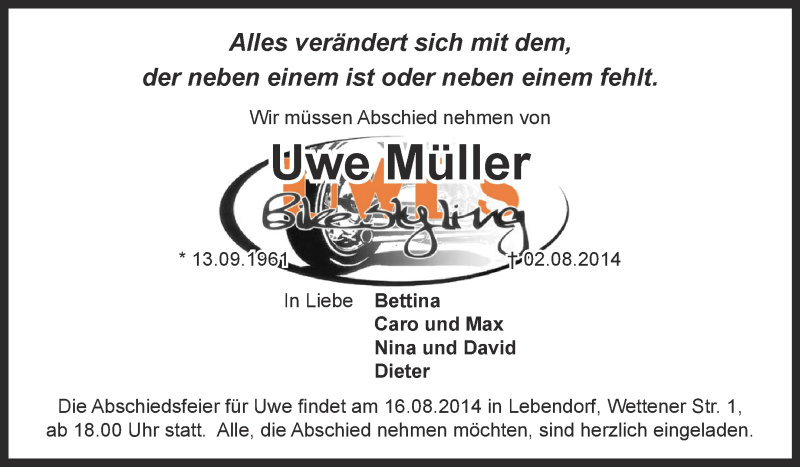  Traueranzeige für Uwe Müller vom 10.08.2014 aus Super Sonntag Bernburg