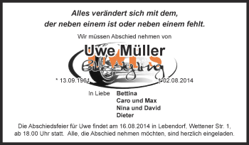 Traueranzeige von Uwe Müller von Super Sonntag Bernburg