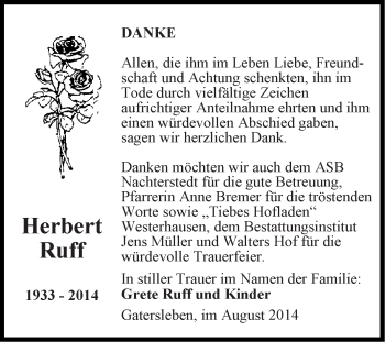 Traueranzeige von Herbert Ruff von Super Sonntag Aschersleben