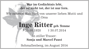 Traueranzeige von Inge Ritter von WVG - Wochenspiegel Aschersleben