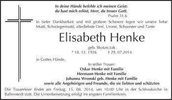 Traueranzeige von Elisabeth Henke von WVG - Wochenspiegel Quedlinburg