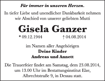 Traueranzeige von Gisela Ganzer von Super Sonntag Dessau / Köthen