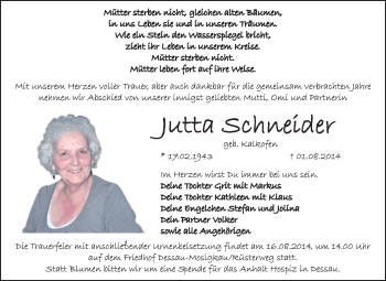 Traueranzeige von Jutta Schneider von Super Sonntag Dessau / Köthen