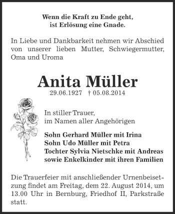 Traueranzeige von Anita Müller von Super Sonntag Bernburg
