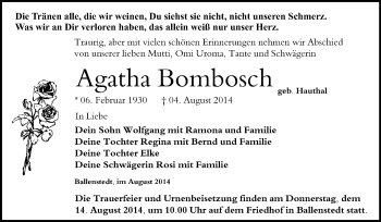 Traueranzeige von Agatha Bombosch von WVG - Wochenspiegel Quedlinburg