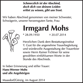 Traueranzeige von Irmgard Mohs von Super Sonntag Dessau / Köthen