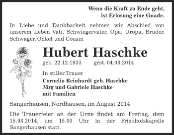 Traueranzeige von Hubert Haschke von Super Sonntag SGH Mansf. Land