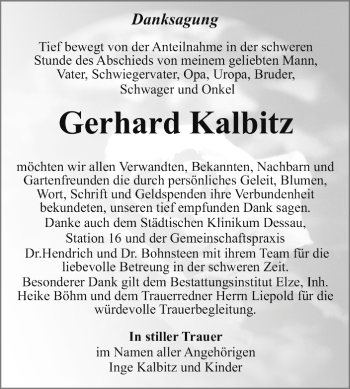 Traueranzeige von Gerhard Kalbitz von Super Sonntag Dessau / Köthen