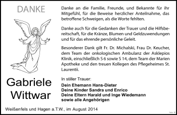 Traueranzeige von Gabriele Wittwar von WVG - Wochenspiegel NMB / WSF / ZTZ