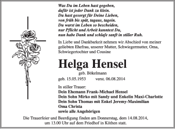 Traueranzeige von Helga Hensel von Super Sonntag Dessau / Köthen