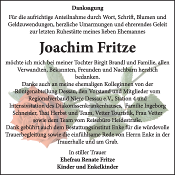 Traueranzeige von Joachim Fritze von Super Sonntag Dessau / Köthen