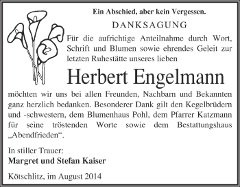 Traueranzeige von Herbert Engelmann von WVG - Wochenspiegel Merseburg