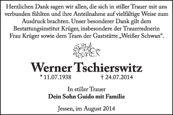 Traueranzeige von Werner Tschierswitz von Super Sonntag Wittenberg