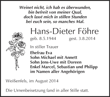 Traueranzeige von Hans-Dieter Föhre von Super Sonntag Merseburg