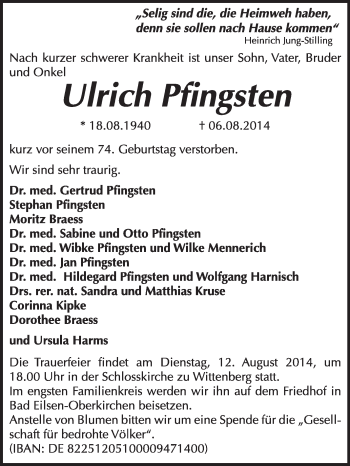 Traueranzeige von Ulrich Pfingsten von WVG - Wochenspiegel Wittenberg