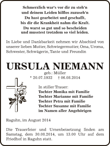 Traueranzeige von Ursula Niemann von WVG - Wochenspiegel Bitterfeld