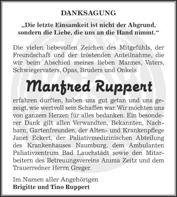 Traueranzeige von Manfred Ruppert von Super Sonntag Zeitz