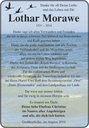 Traueranzeige von Lothar Morawe von WVG - Wochenspiegel NMB / WSF / ZTZ