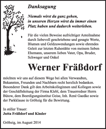 Traueranzeige von Werner Fräßdorf von Super Sonntag Dessau / Köthen