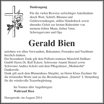 Traueranzeige von Gerald Bien von Super Sonntag Quedlinburg