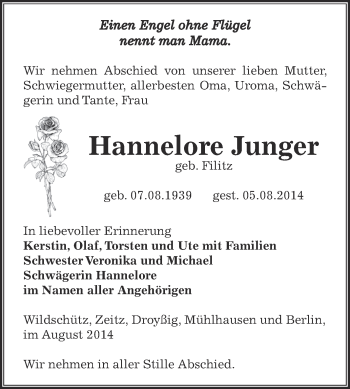 Traueranzeige von Hannelore Junger von Super Sonntag Zeitz