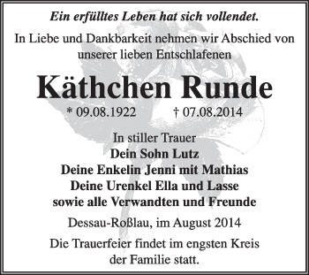 Traueranzeige von Käthchen Runde von Super Sonntag Dessau / Köthen