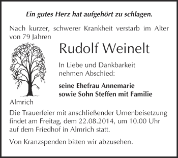 Traueranzeige von Rudolf Weinelt von WVG - Wochenspiegel NMB / WSF / ZTZ
