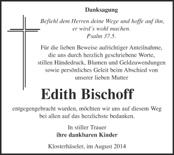 Traueranzeige von Edith Bischoff von WVG - Wochenspiegel NMB / WSF / ZTZ