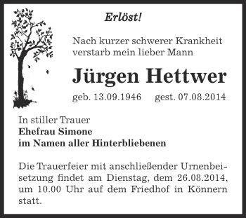 Traueranzeige von Jürgen Hettwer von Super Sonntag Bernburg