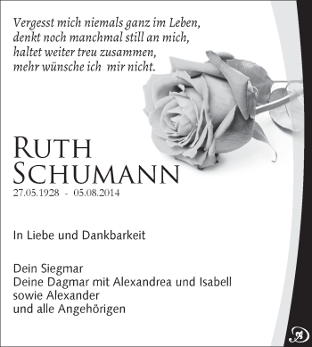 Traueranzeige von Ruth Schumann von Super Sonntag Zeitz