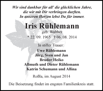 Traueranzeige von Iris Rühlemann von WVG - Wochenspiegel SGH