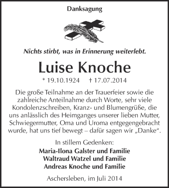 Traueranzeige von Luise Knoche von WVG - Wochenspiegel Aschersleben