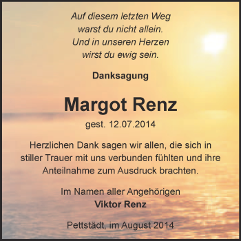 Traueranzeige von Margot Renz von WVG - Wochenspiegel NMB / WSF / ZTZ